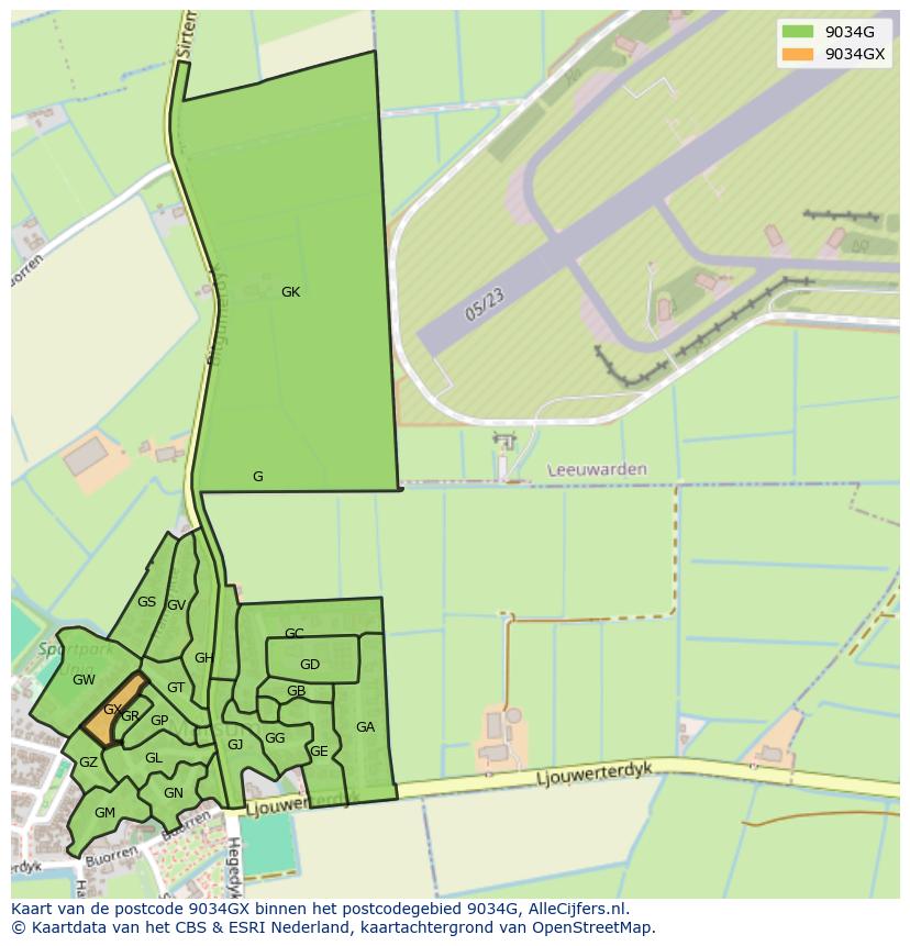 Afbeelding van het postcodegebied 9034 GX op de kaart.