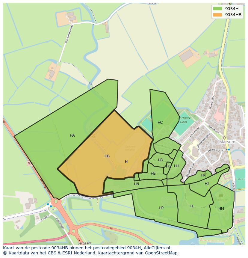 Afbeelding van het postcodegebied 9034 HB op de kaart.