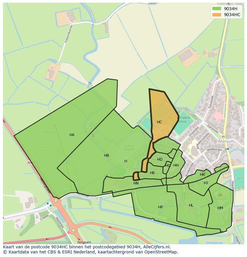 Afbeelding van het postcodegebied 9034 HC op de kaart.