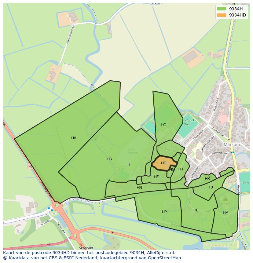 Afbeelding van het postcodegebied 9034 HD op de kaart.