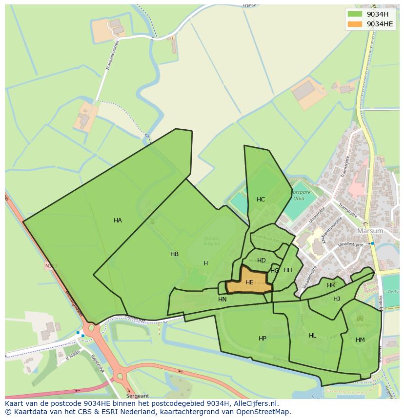 Afbeelding van het postcodegebied 9034 HE op de kaart.