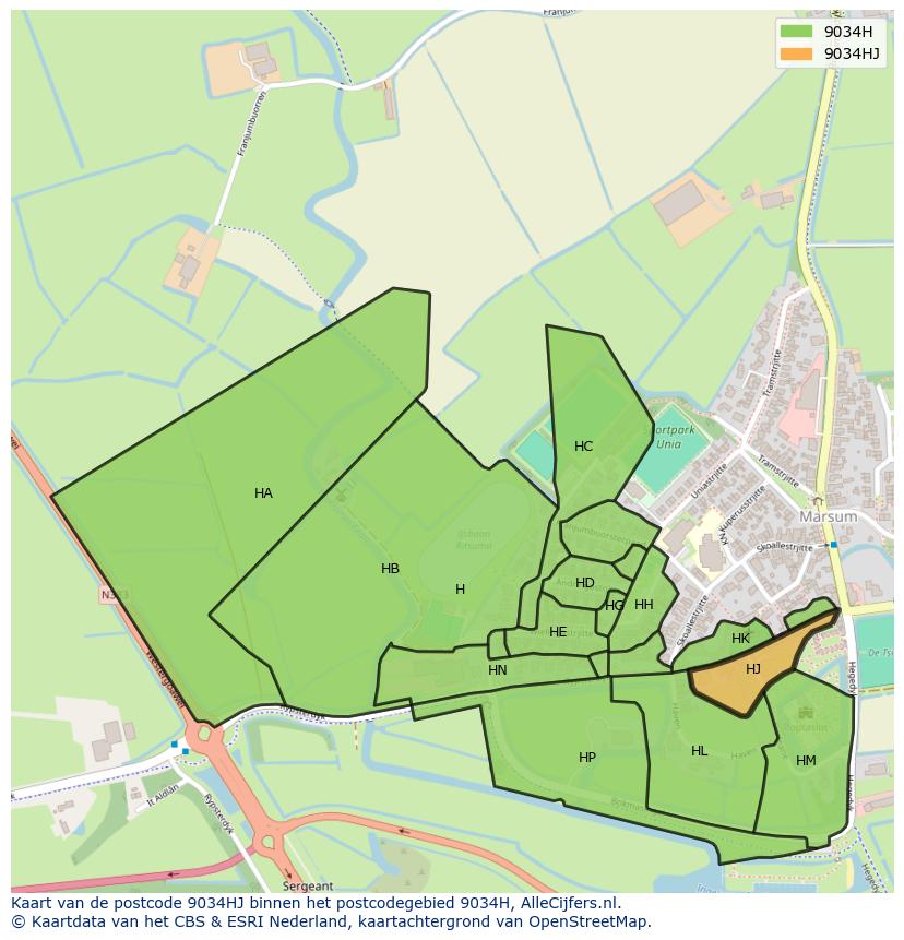 Afbeelding van het postcodegebied 9034 HJ op de kaart.