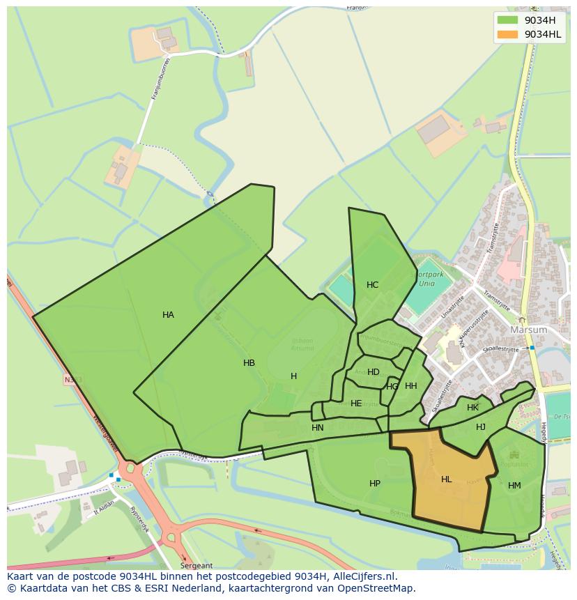 Afbeelding van het postcodegebied 9034 HL op de kaart.
