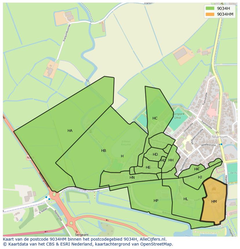 Afbeelding van het postcodegebied 9034 HM op de kaart.