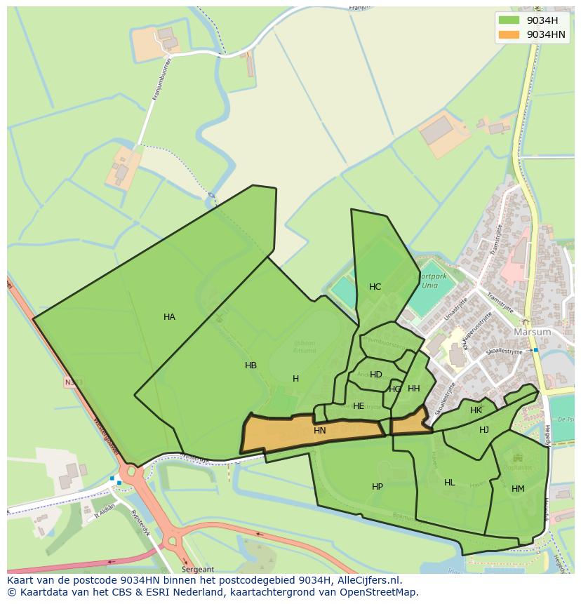 Afbeelding van het postcodegebied 9034 HN op de kaart.