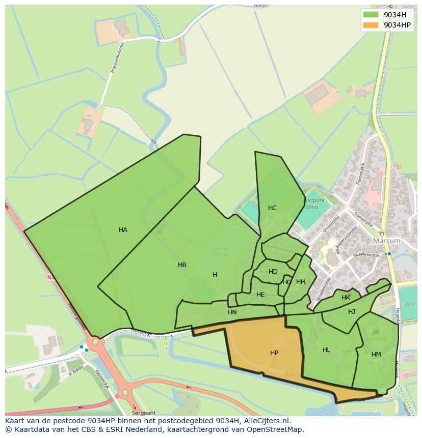Afbeelding van het postcodegebied 9034 HP op de kaart.