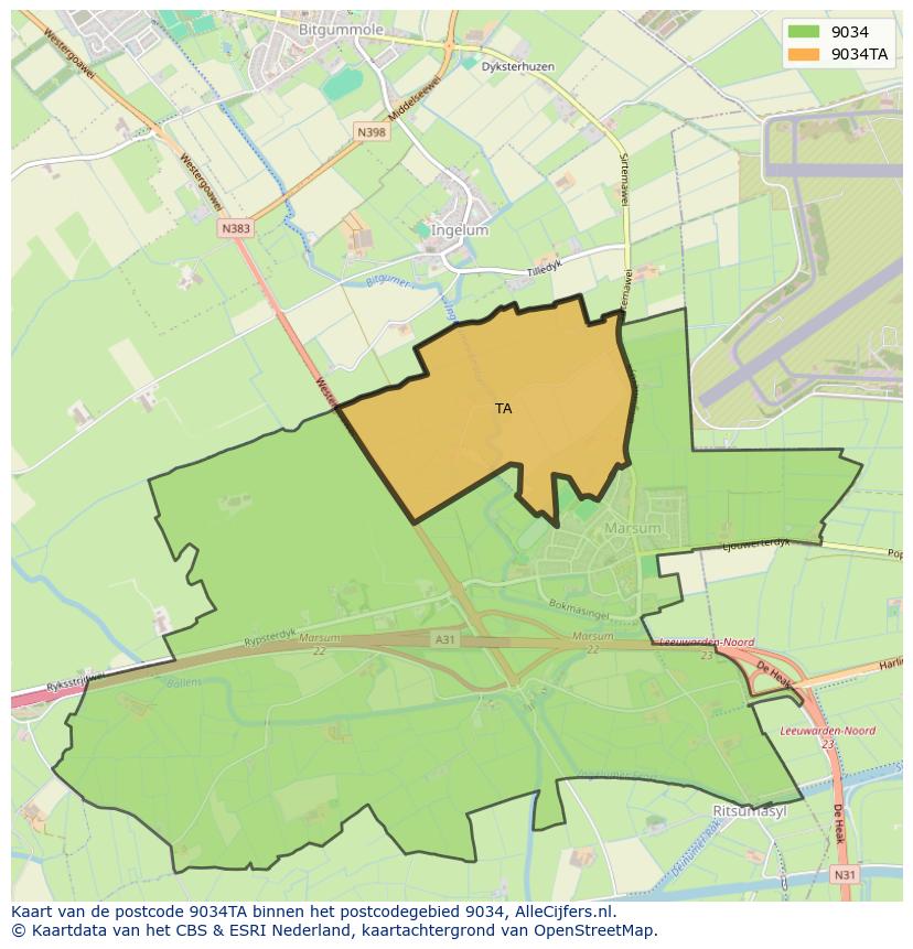 Afbeelding van het postcodegebied 9034 TA op de kaart.