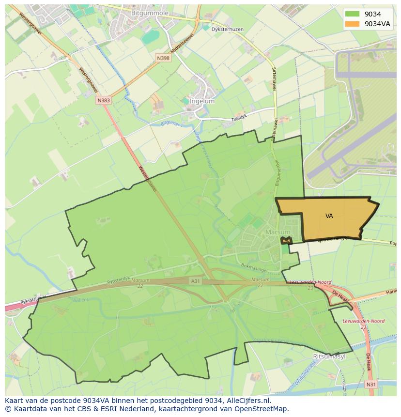 Afbeelding van het postcodegebied 9034 VA op de kaart.