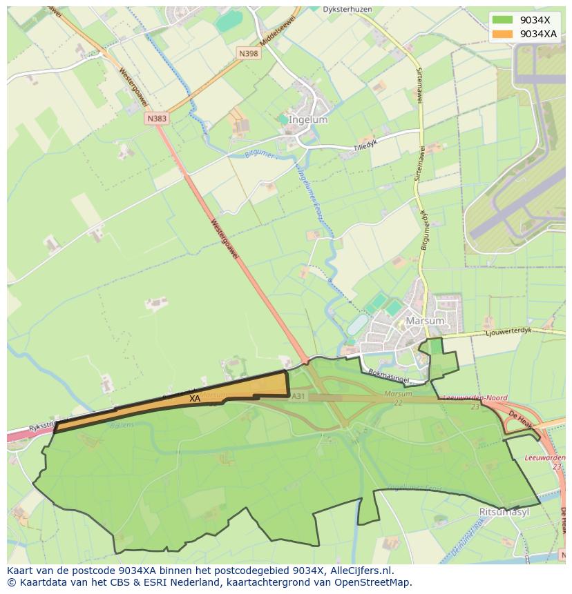 Afbeelding van het postcodegebied 9034 XA op de kaart.