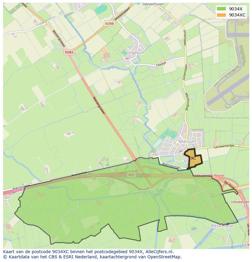 Afbeelding van het postcodegebied 9034 XC op de kaart.