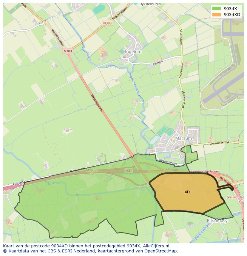 Afbeelding van het postcodegebied 9034 XD op de kaart.