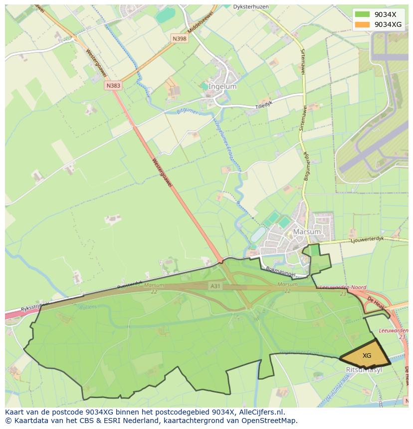 Afbeelding van het postcodegebied 9034 XG op de kaart.