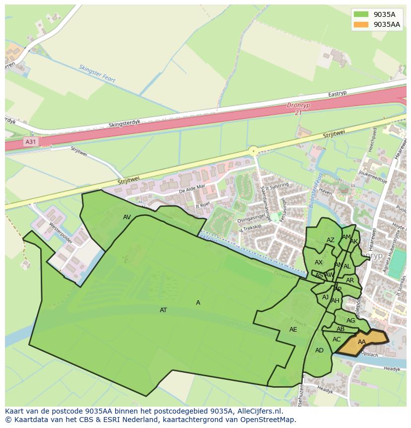 Afbeelding van het postcodegebied 9035 AA op de kaart.