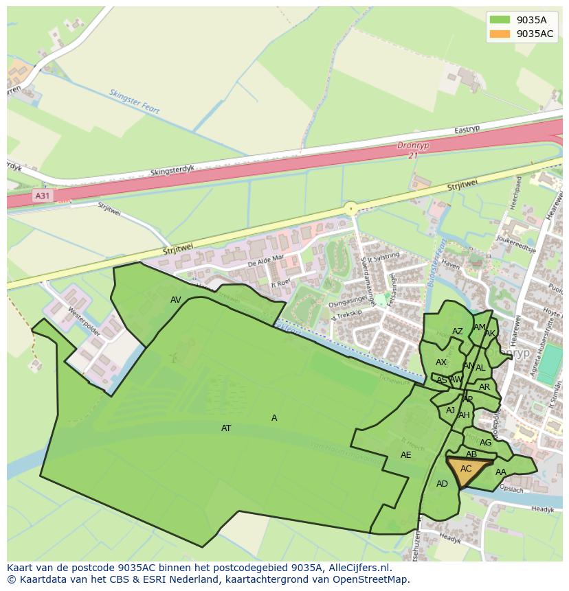Afbeelding van het postcodegebied 9035 AC op de kaart.