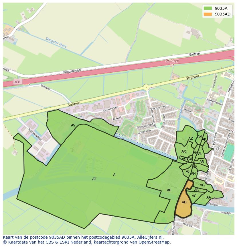 Afbeelding van het postcodegebied 9035 AD op de kaart.