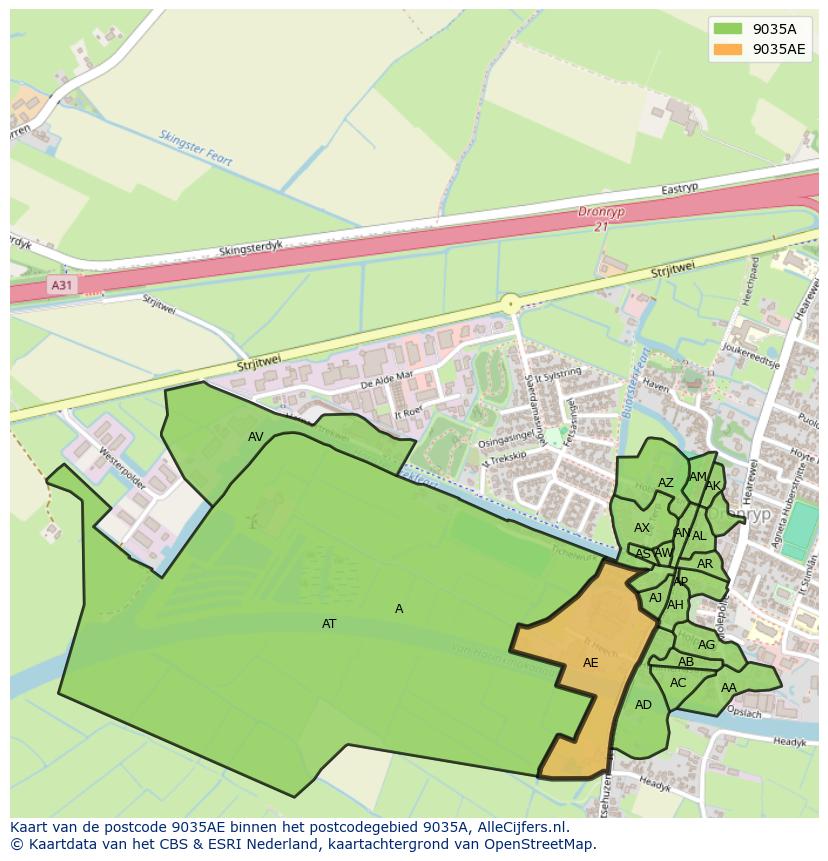 Afbeelding van het postcodegebied 9035 AE op de kaart.