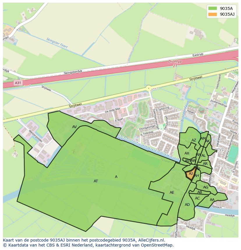 Afbeelding van het postcodegebied 9035 AJ op de kaart.