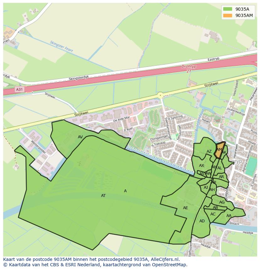 Afbeelding van het postcodegebied 9035 AM op de kaart.
