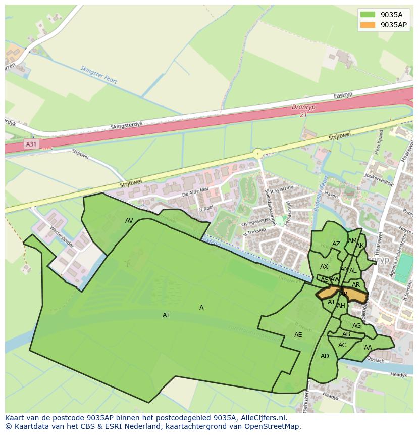 Afbeelding van het postcodegebied 9035 AP op de kaart.
