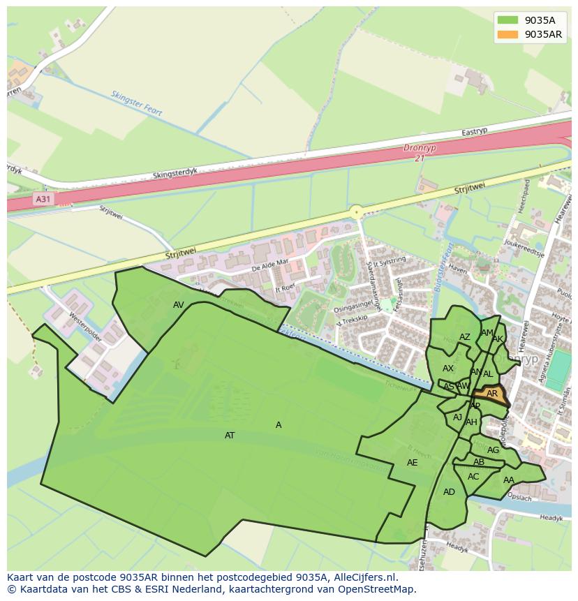 Afbeelding van het postcodegebied 9035 AR op de kaart.