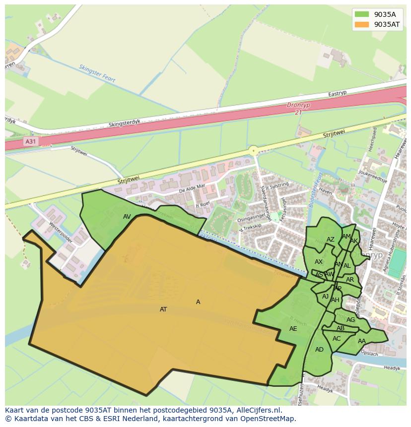 Afbeelding van het postcodegebied 9035 AT op de kaart.