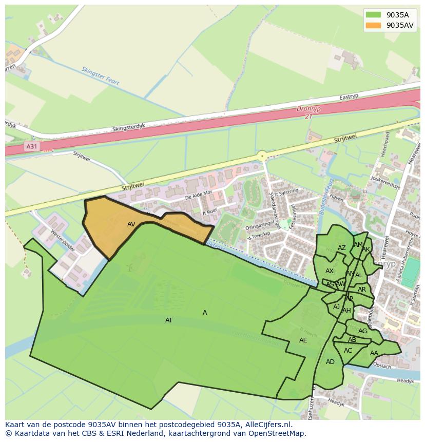 Afbeelding van het postcodegebied 9035 AV op de kaart.