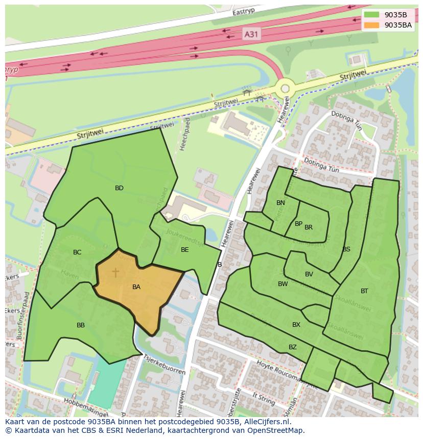Afbeelding van het postcodegebied 9035 BA op de kaart.