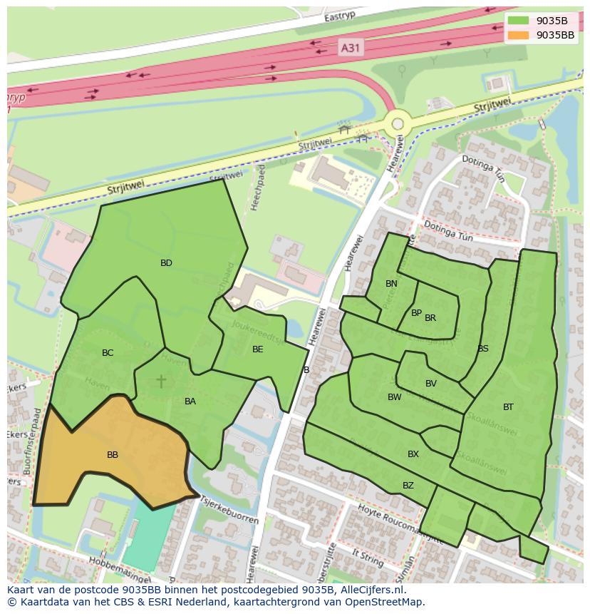 Afbeelding van het postcodegebied 9035 BB op de kaart.