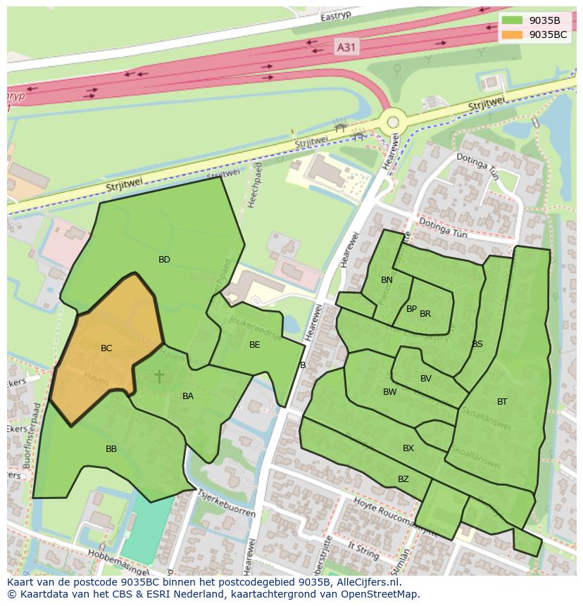 Afbeelding van het postcodegebied 9035 BC op de kaart.