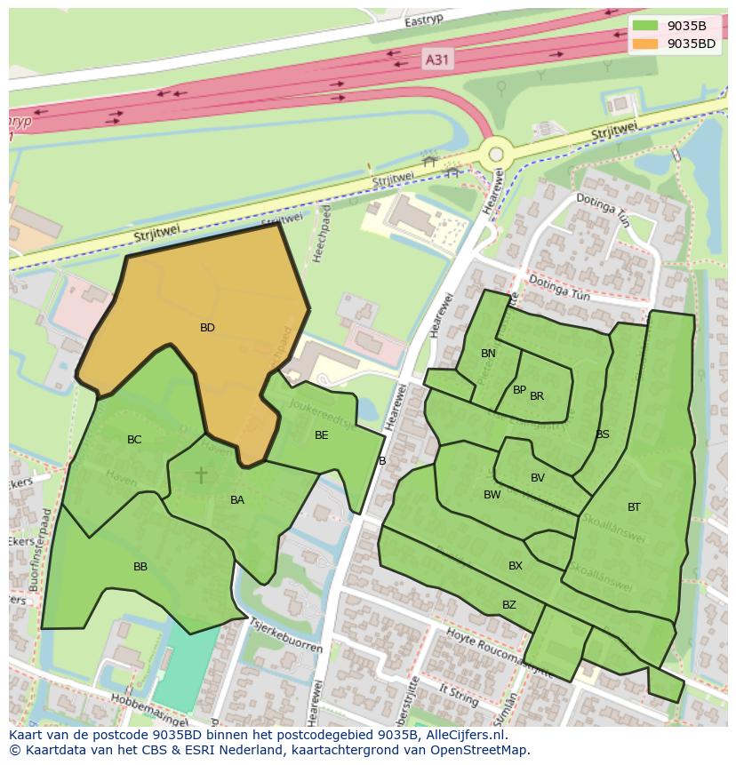 Afbeelding van het postcodegebied 9035 BD op de kaart.