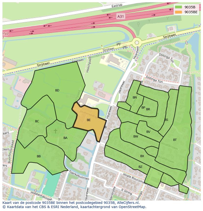 Afbeelding van het postcodegebied 9035 BE op de kaart.