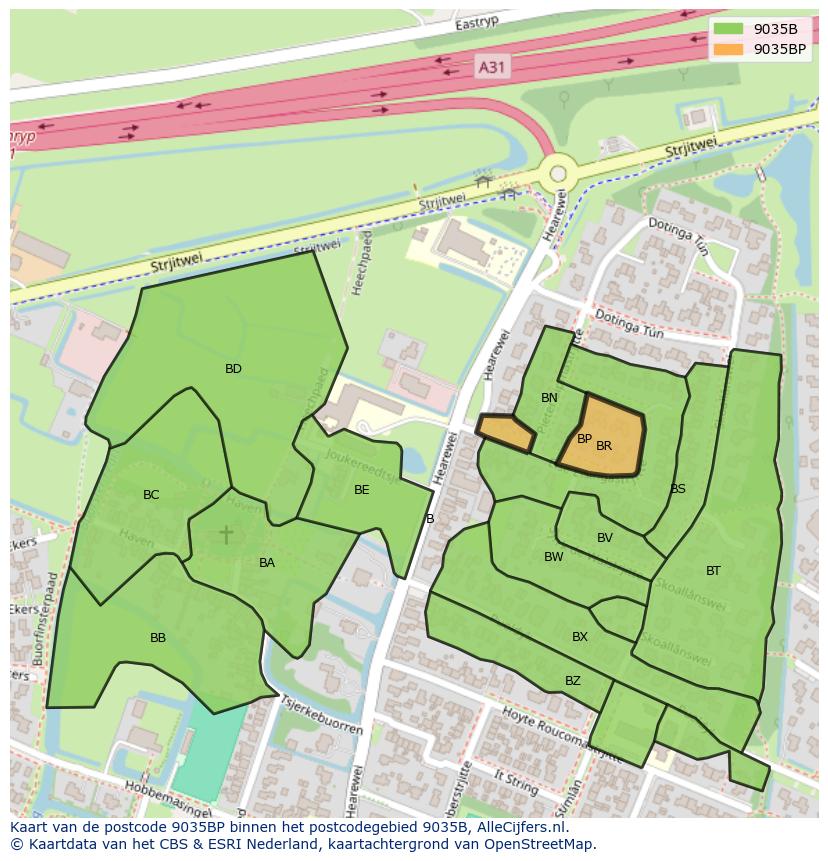 Afbeelding van het postcodegebied 9035 BP op de kaart.
