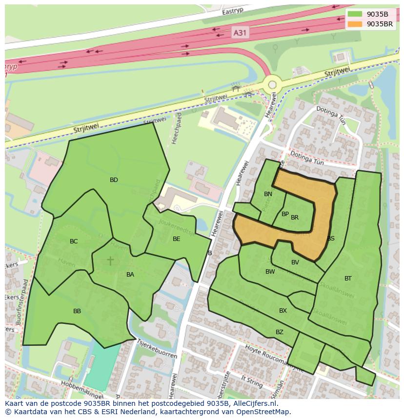 Afbeelding van het postcodegebied 9035 BR op de kaart.
