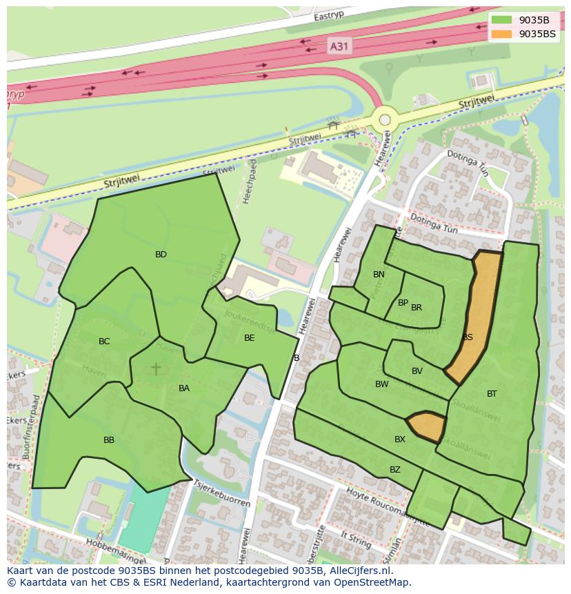 Afbeelding van het postcodegebied 9035 BS op de kaart.