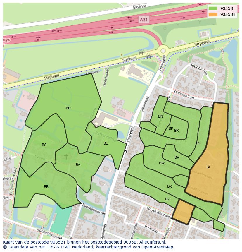 Afbeelding van het postcodegebied 9035 BT op de kaart.