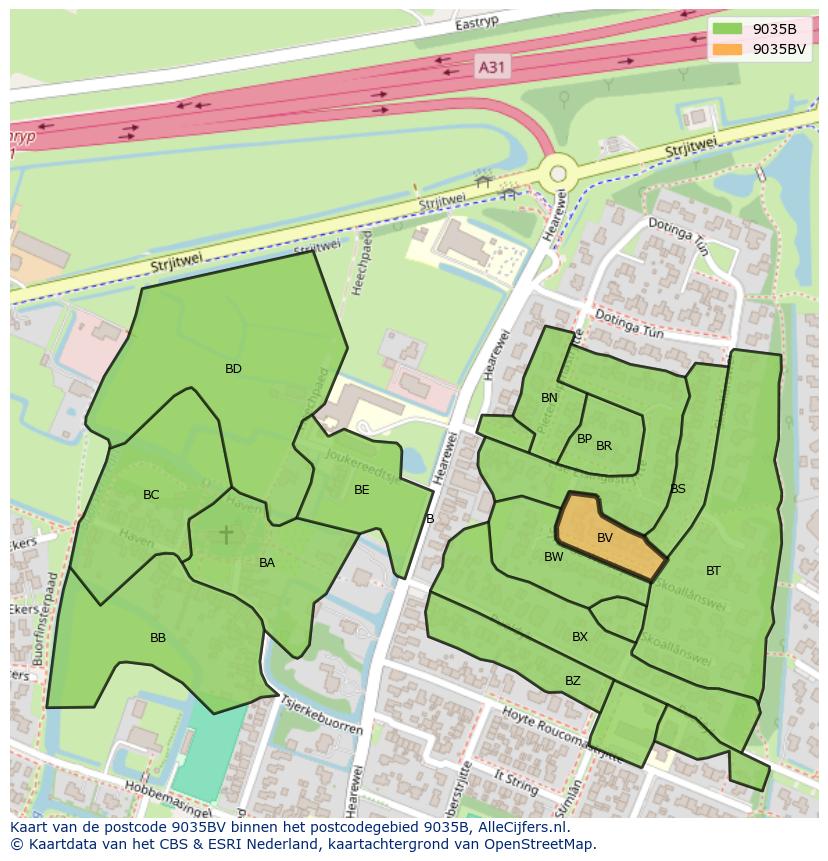 Afbeelding van het postcodegebied 9035 BV op de kaart.