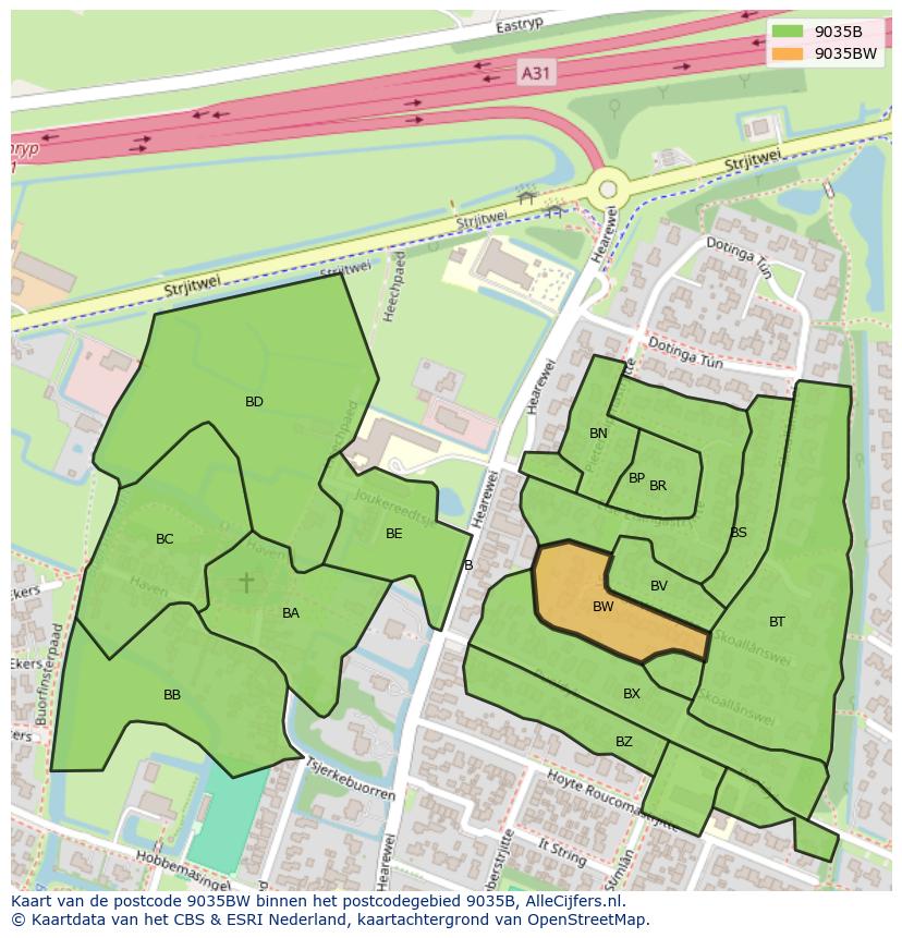 Afbeelding van het postcodegebied 9035 BW op de kaart.