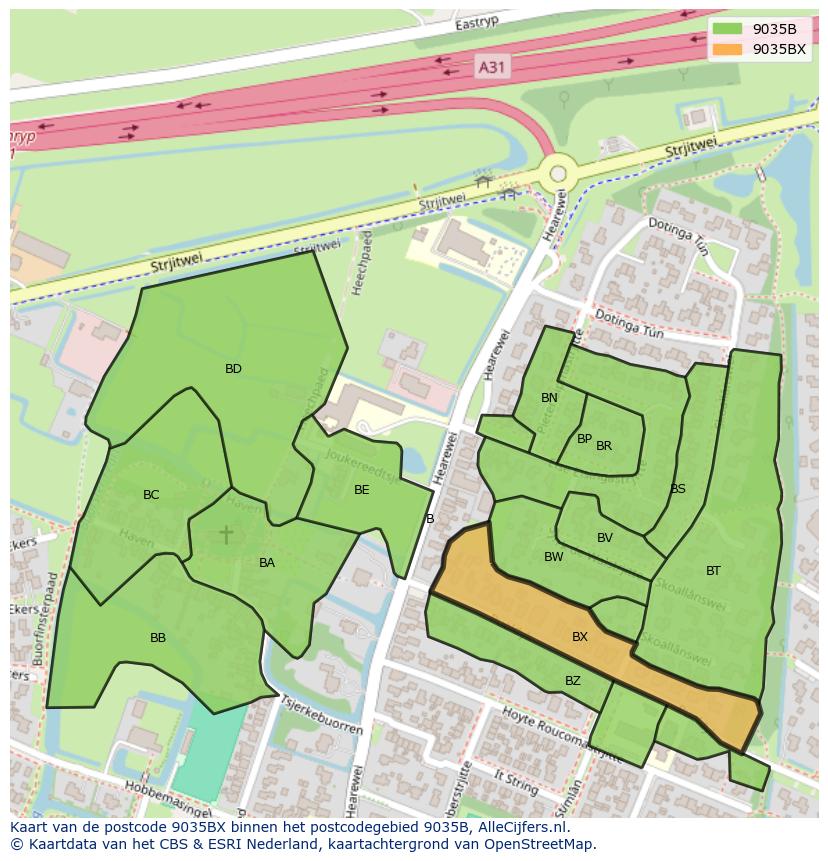 Afbeelding van het postcodegebied 9035 BX op de kaart.
