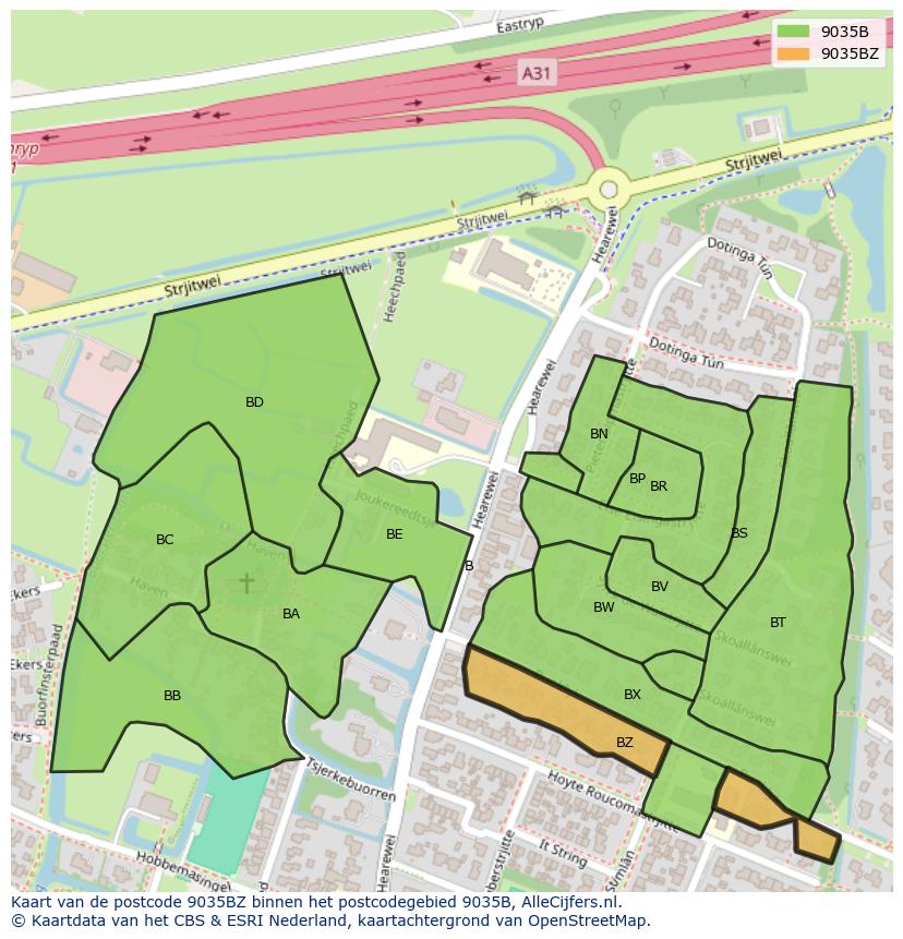 Afbeelding van het postcodegebied 9035 BZ op de kaart.