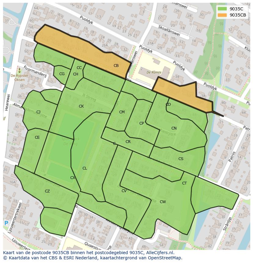 Afbeelding van het postcodegebied 9035 CB op de kaart.