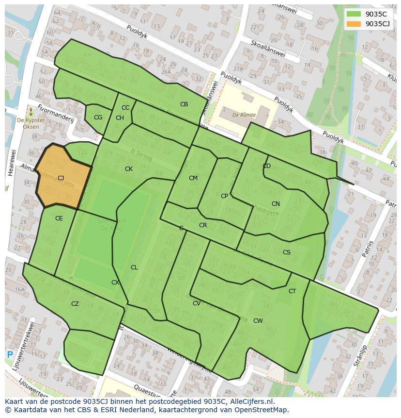 Afbeelding van het postcodegebied 9035 CJ op de kaart.