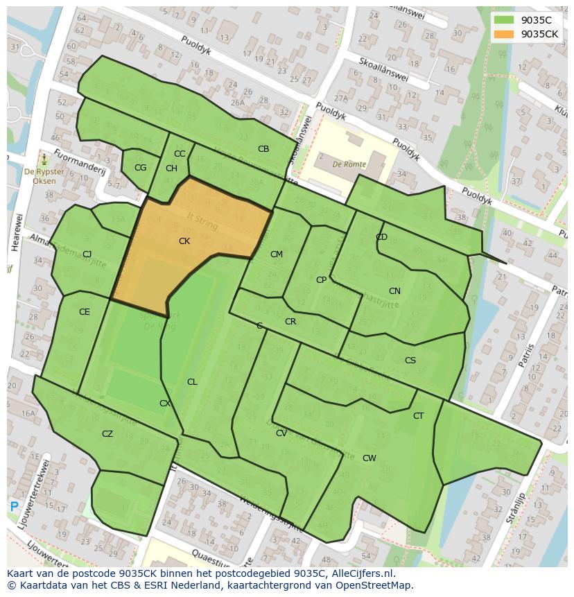 Afbeelding van het postcodegebied 9035 CK op de kaart.