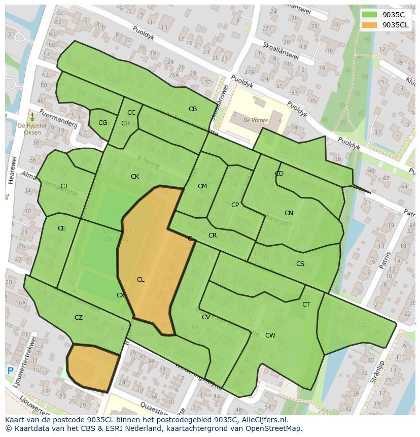 Afbeelding van het postcodegebied 9035 CL op de kaart.