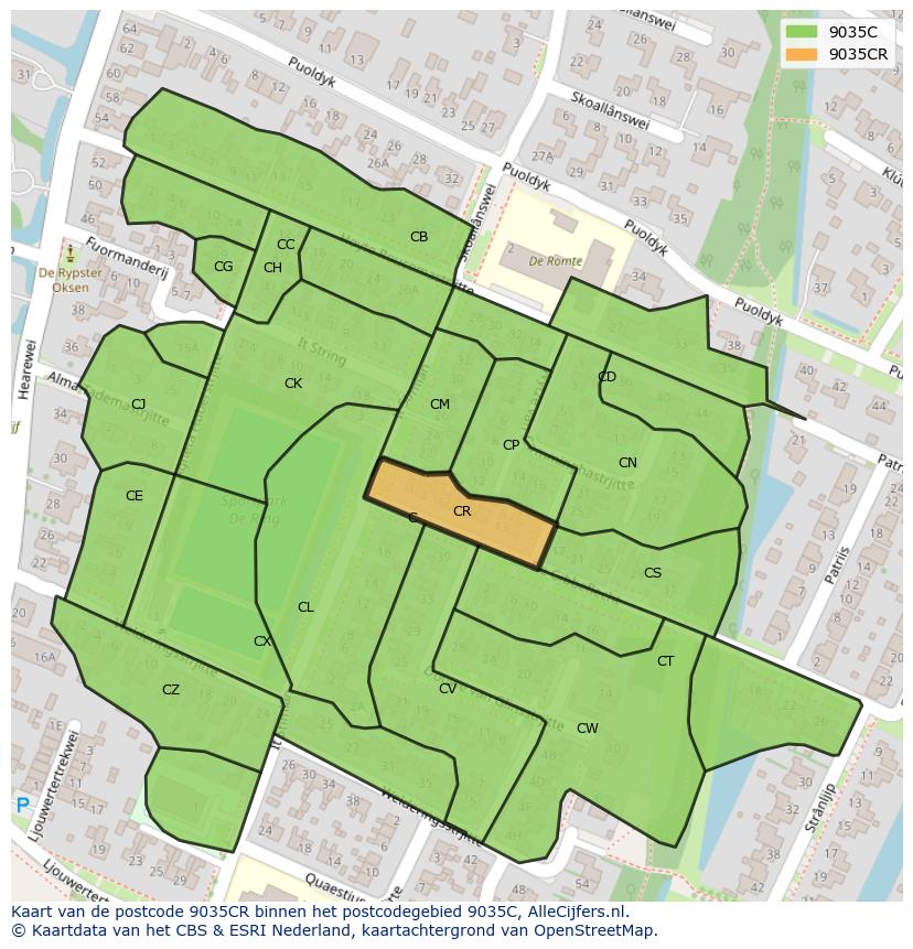 Afbeelding van het postcodegebied 9035 CR op de kaart.