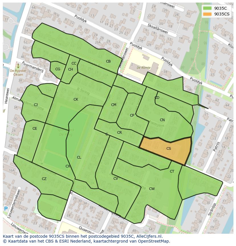 Afbeelding van het postcodegebied 9035 CS op de kaart.