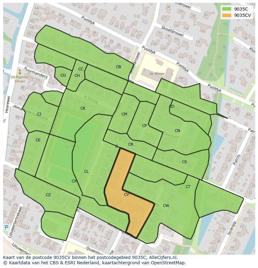 Afbeelding van het postcodegebied 9035 CV op de kaart.