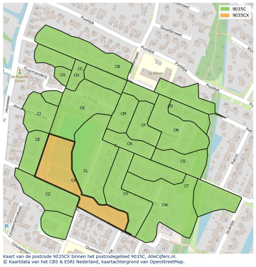 Afbeelding van het postcodegebied 9035 CX op de kaart.