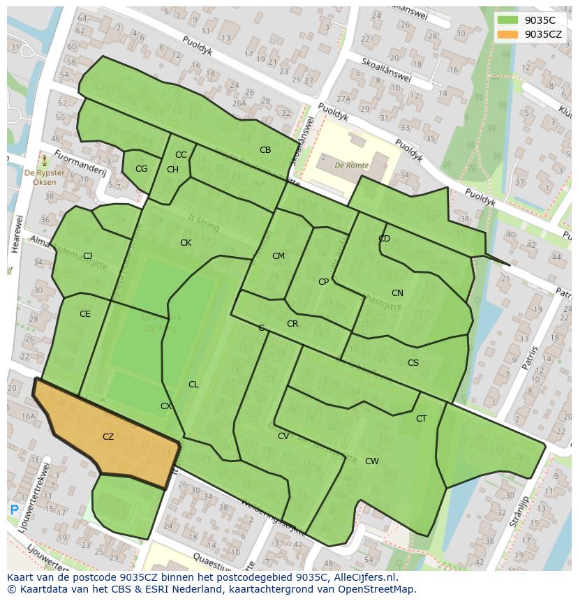 Afbeelding van het postcodegebied 9035 CZ op de kaart.
