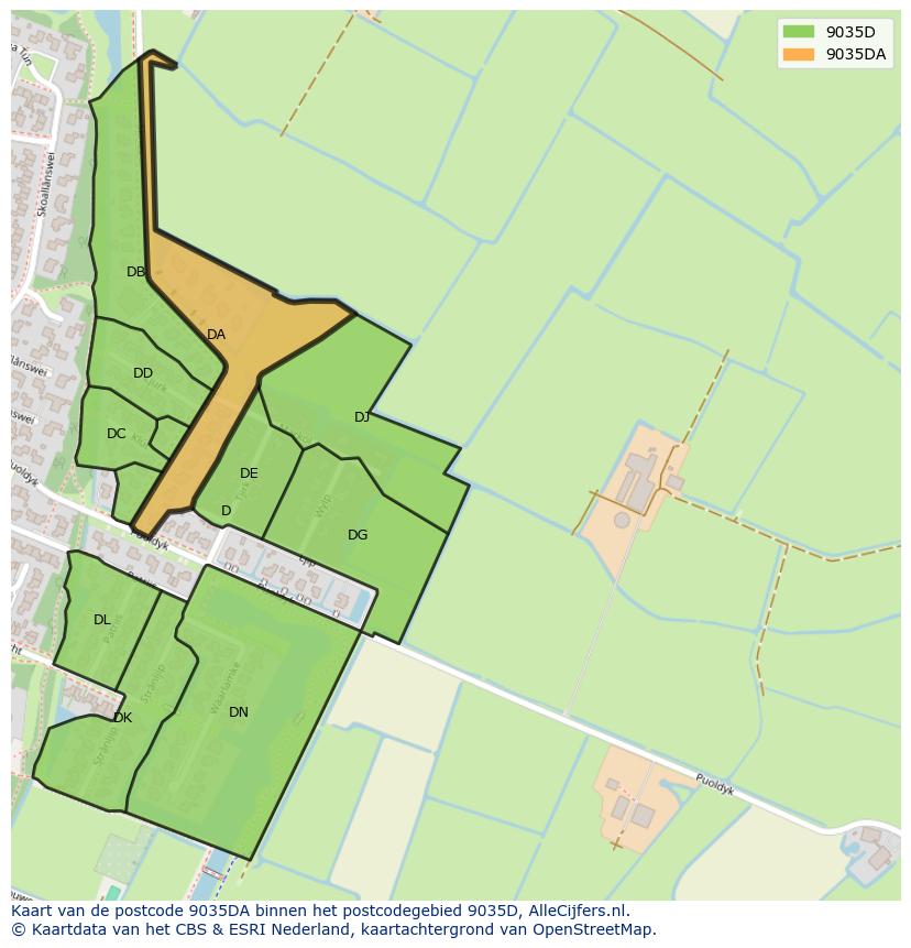 Afbeelding van het postcodegebied 9035 DA op de kaart.