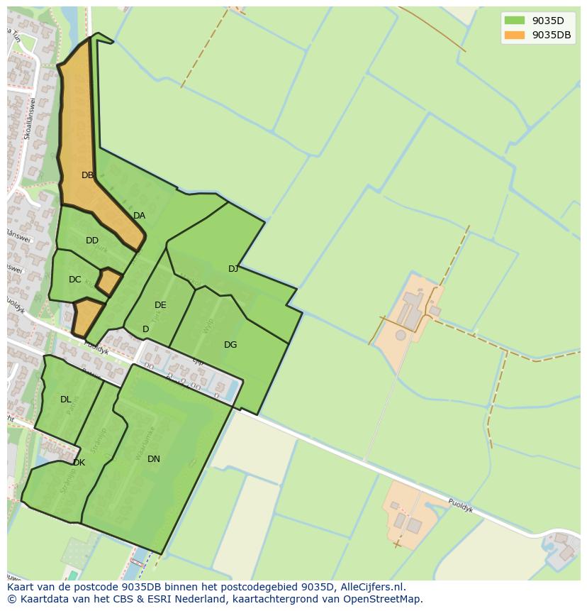 Afbeelding van het postcodegebied 9035 DB op de kaart.